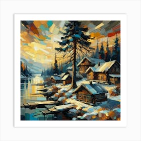 Winter Cabins By The Lake Poster