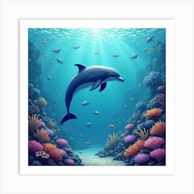 Dolphin Jumping In Coral Garden 1 Art Print