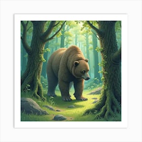 Druid Shapeshifting Into A Bear In An Ancient Forest, Watercolor Effect 1 Art Print