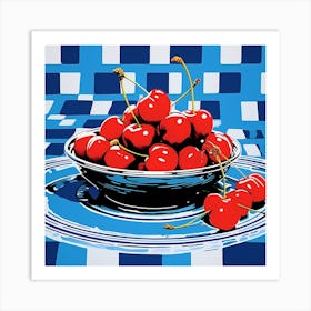 Cherries Pop Art Blue Checkerboard 2 Art Print