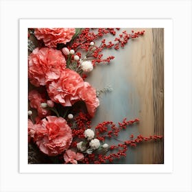 Pink Carnations On A Wooden Background Art Print