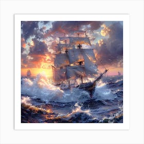 Sailing Ship At Sunset Art Print