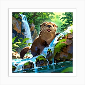 Otter At The Waterfall Art Print