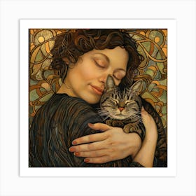 Woman with her Beloved Cat in Style of Art Nouveau 5 Art Print