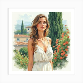 Beautiful Greek Woman In Watercolor, Surrounded By The Serenity Of A Mediterranean Garden 1 Art Print