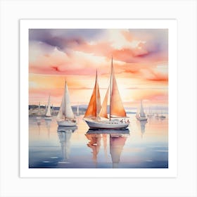 Sailboats At Sunset Art Print