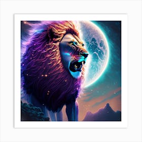 Lion roaring In The Moonlight Art Print