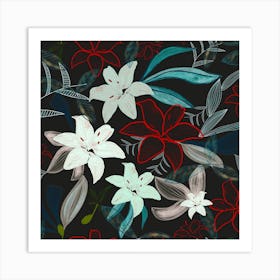 Jungle Warrior Exotic Lily Hand Painted Artistic Pattern Black Square Art Print