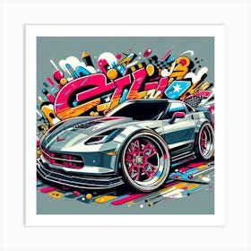 Chevrolet Corvette Big Rims Vehicle Colorful Comic Graffiti Style Art Print