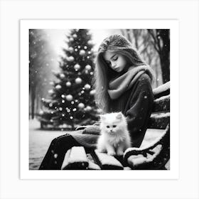 Girl With Cat In The Snow Art Print