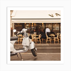 Scooter Outside A Paris Bistro Square Art Print