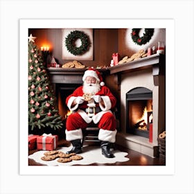 Santa Claus Sitting In Front Of Fireplace Art Print