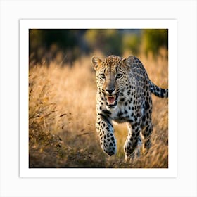 Leopard Running In The Grass Art Print