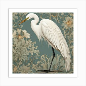 Egret William Morris Style Bird (4) Art Print