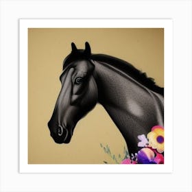 Black Horse With Flowers Art Print