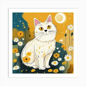 White Cat In Daisies Art Print