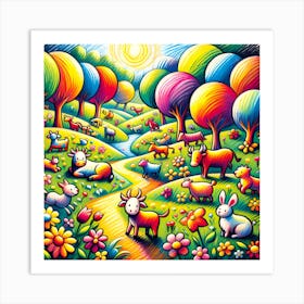 Super Kids Creativity:Colorful Animals In A Field Art Print