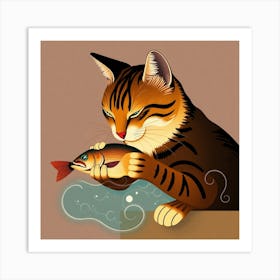 Cat With Fish Art Print