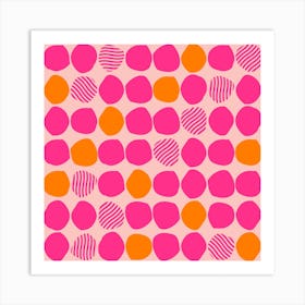 Bright Pink And Orange Polka Dot Pattern On Light Pink Background Square Art Print