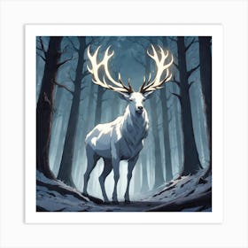 A White Stag In A Fog Forest In Minimalist Style Square Composition 9 Art Print