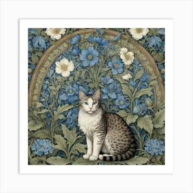 Cat In Blue Flowers william morris inspired art Art Print