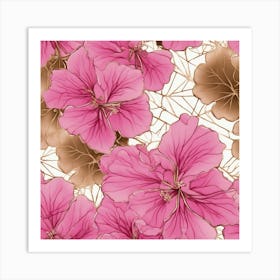 Seamless Pattern Of Elegant Geranium Floral Motifs In Pink, Adorned With Gold Lines Art Print