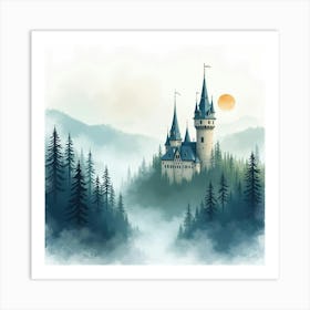 Watercolor Castle Spires Amidst Misty Forest 1 Art Print