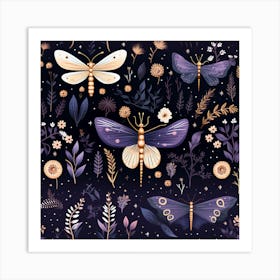 Seamless Pattern With Dragonflies And Flowers Art Print