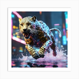 Jaguar Running In The City Cyberpunk Art Print