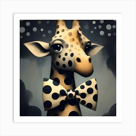 A Towering Giraffe With A Polka Dot Bow Tie, Inspired By The Quirky Illustrations Of Maira Kalman, With A Playful Polka Dot Pattern, Where The Giraffe Is In Focus And The Background Is Blurred Into Abstract Shapes 2 Art Print