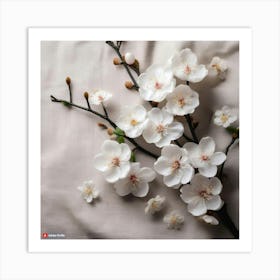 Firefly Plum Blossoms Scattered Across A Soft Linen Textured Canvas, With Simple Branches In Matte B (1) 1 Art Print