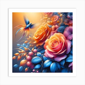 Colorful Roses And Birds Art Print