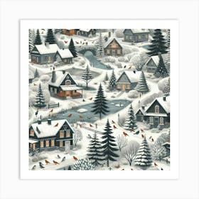 Winter Village, Trees And Lake Art Print