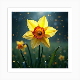 A Radiant Daffodil With Petals Of Shimmering, Fractal Colors Blooming In A Celestial Meadow Art Print