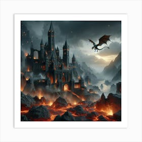Dragon Flying Over A Castle Art Print