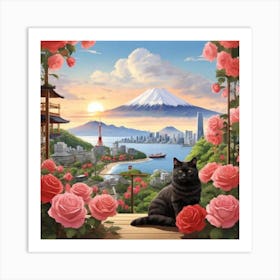 Cat In A Rose Garden Art Print