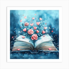 Watercolor Romantic Book Roses Hearts 10 Art Print