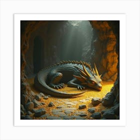 Ancient Dragon Sleeping Amidst Piles Of Gold, In A Cavernous Underground Lair 1 Art Print