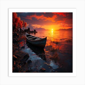 Sunset Boat,Sunset over tranquil seascape sailboat reflects multi colored sky Art Print