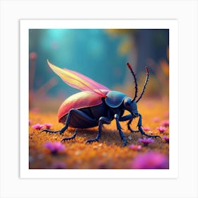 A Whimsical Beetle With Iridescent Wings Crawling Over A Vibrant, Neon Landscape 1 Art Print