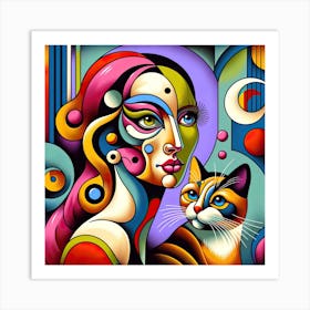 Colourful Abstract Woman With Cat Art Print