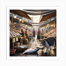 Cat At The Fish Market Art Print