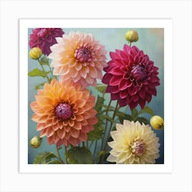 Dahlias flower plants painting art print Art Print