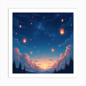 Celestial Night Sky With Floating Lanterns, Watercolor 1 Art Print