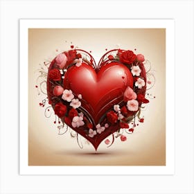 Red Heart With Roses Art Print
