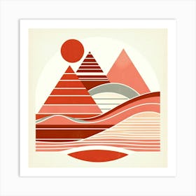 "Sunrise Symmetry in Red"  Capture the warmth and balance of "Sunrise Symmetry in Red," where geometric peaks and fluid waves converge in a symphony of red and cream tones. This striking abstract composition is perfect for adding a bold yet balanced statement to any room, inviting viewers to bask in the tranquility of a harmonized, stylized dawn. Art Print