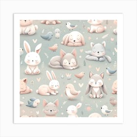 Cute Animals Seamless Pattern Art Print