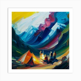 People camping in the middle of the mountains oil painting abstract painting art Art Print