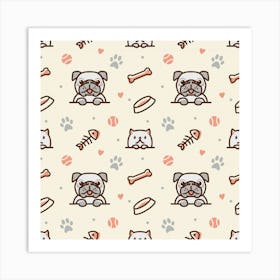 Pug Dog Cat With Bone Fish Bones Paw Prints Ball Seamless Pattern Vector Background Art Print