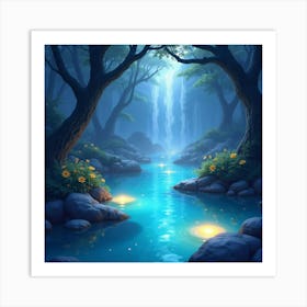 Mystical Lagoon With Floating Magical Lights, Watercolor 1 Art Print